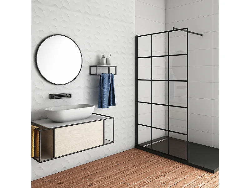 Douchewand-Inloopdouche 80x200cm met mat Zwart kader en raster 8mm NANO EasyClean veiligheidsglas mat zwart profiel Stabilisatiestang 70-120 cm