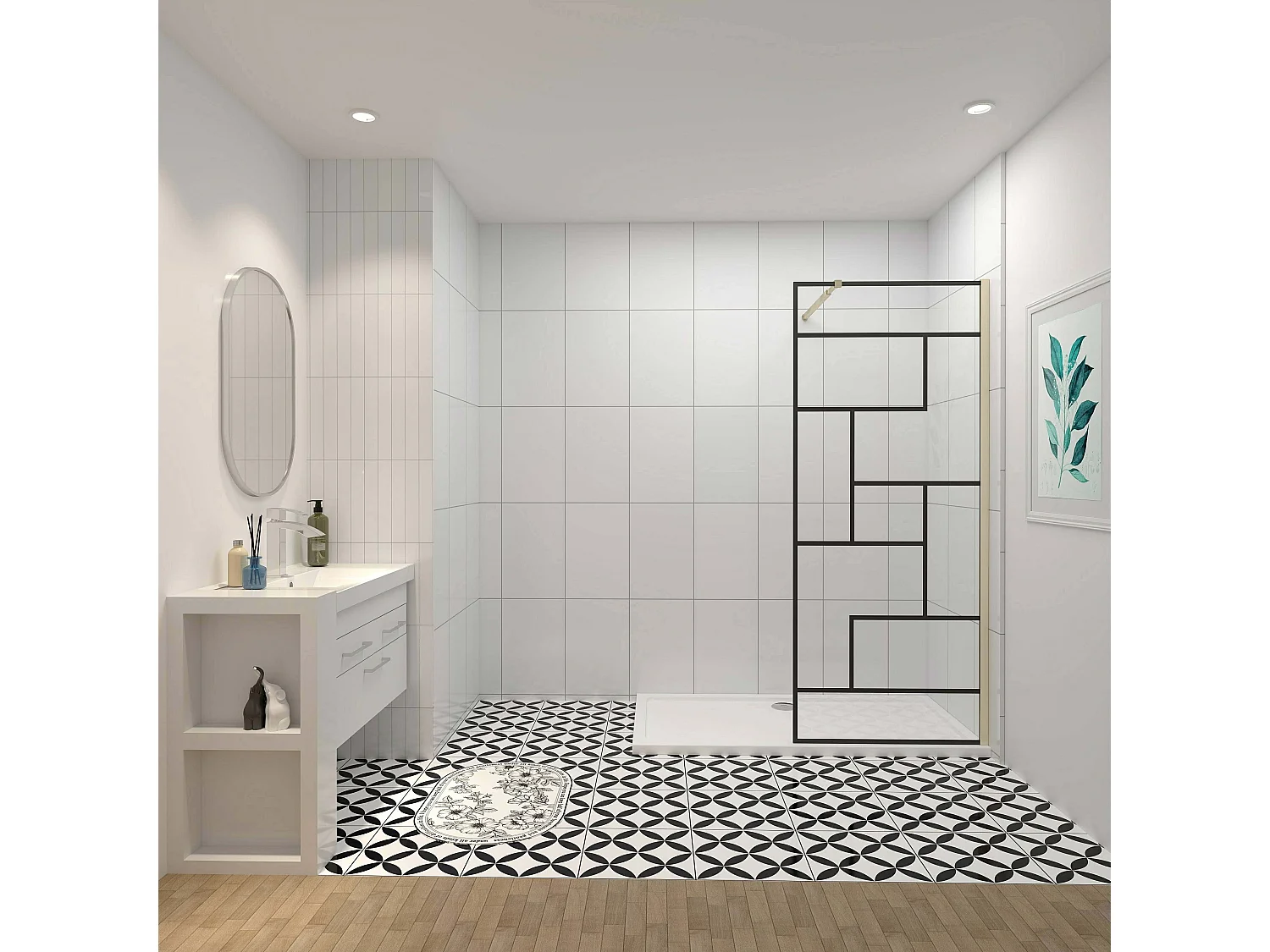 Douchewand-Inloopdouche 100x200cm 8mm NANO Easyclean zwart raster gezeefdrukt gehard glas gouden profiel 73-120cm stabilisatiestang(inkortbaar)