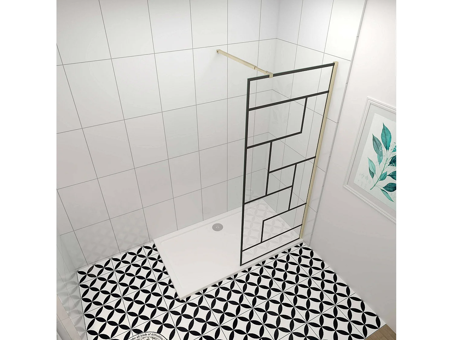 Douchewand-Inloopdouche 100x200cm 8mm NANO Easyclean zwart raster gezeefdrukt gehard glas gouden profiel 73-120cm stabilisatiestang(inkortbaar)