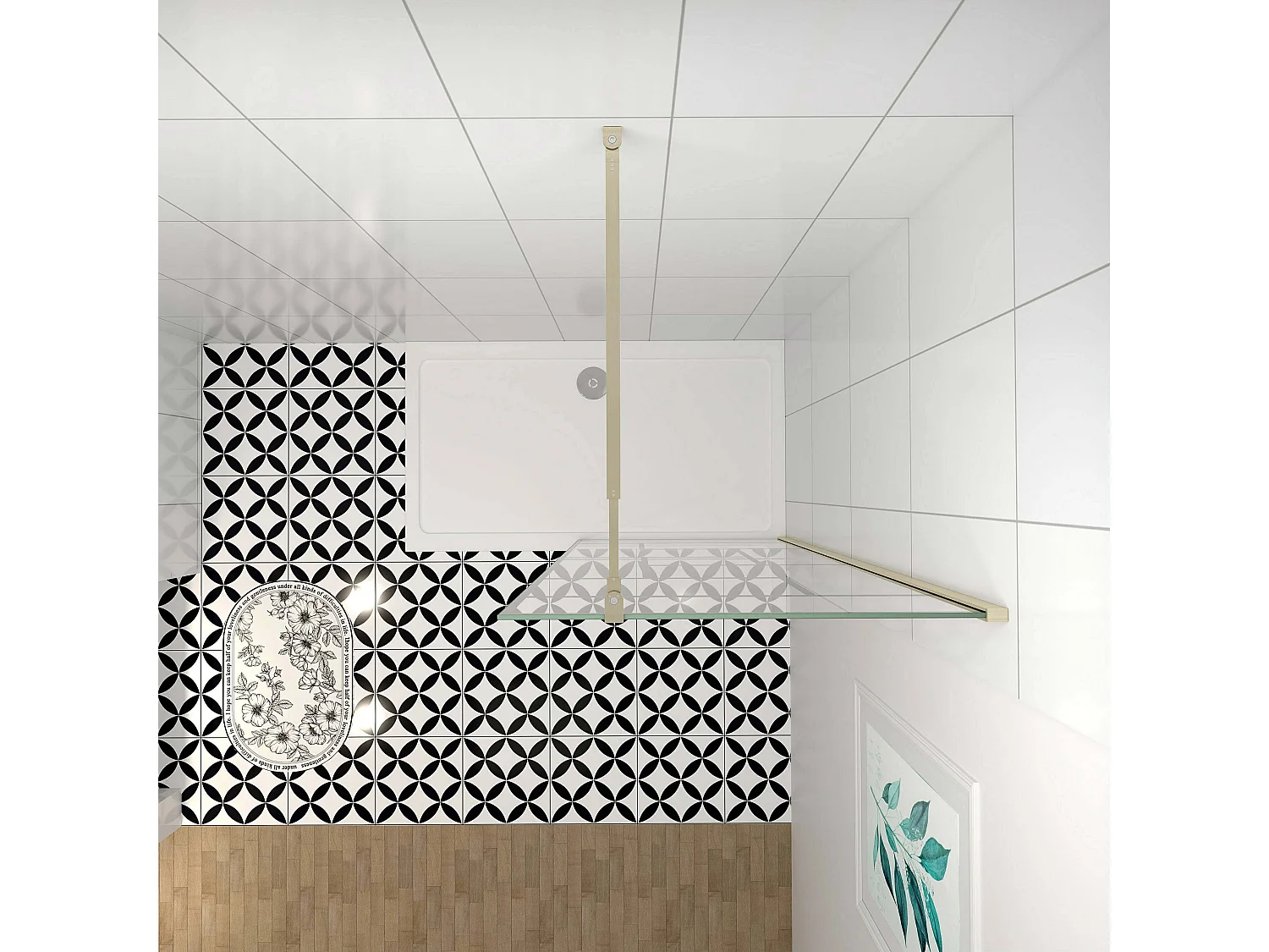 Douchewand-Inloopdouche 100x200cm 8mm NANO Easyclean zwart raster gezeefdrukt gehard glas gouden profiel 73-120cm stabilisatiestang(inkortbaar)