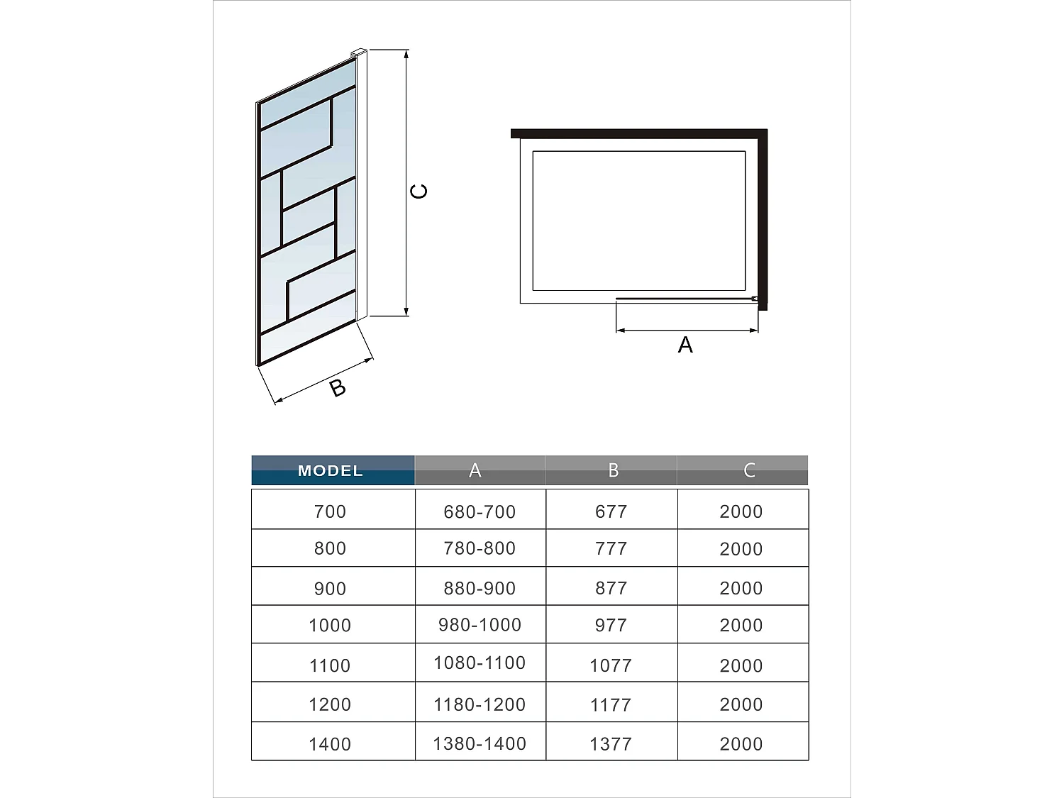 Douchewand-Inloopdouche 100x200cm 8mm NANO Easyclean zwart raster gezeefdrukt gehard glas gouden profiel 73-120cm stabilisatiestang(inkortbaar)