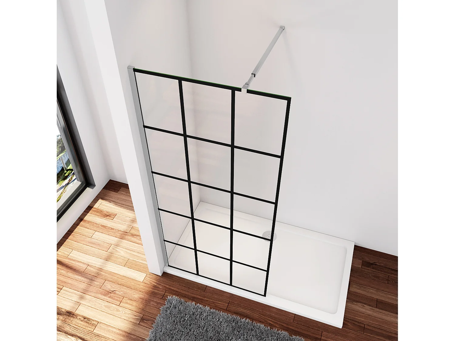 Douchewand-Inloopdouche 80x200cm met mat Zwart kader en raster 8mm NANO EasyClean veiligheidsglas Stabilisatiestang 73-120 cm