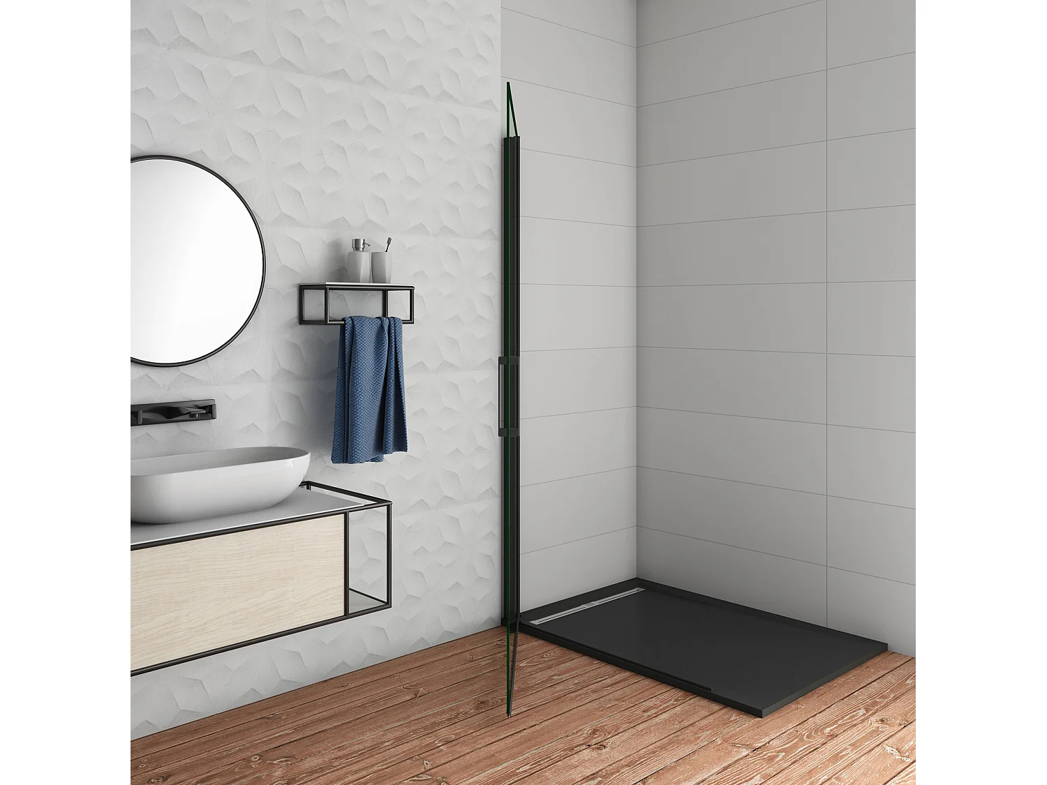 Douchewand-Inloopdouche draaideur 96x200cm 8mm veiligheidsglas NANO EasyClean mat zwart profiel