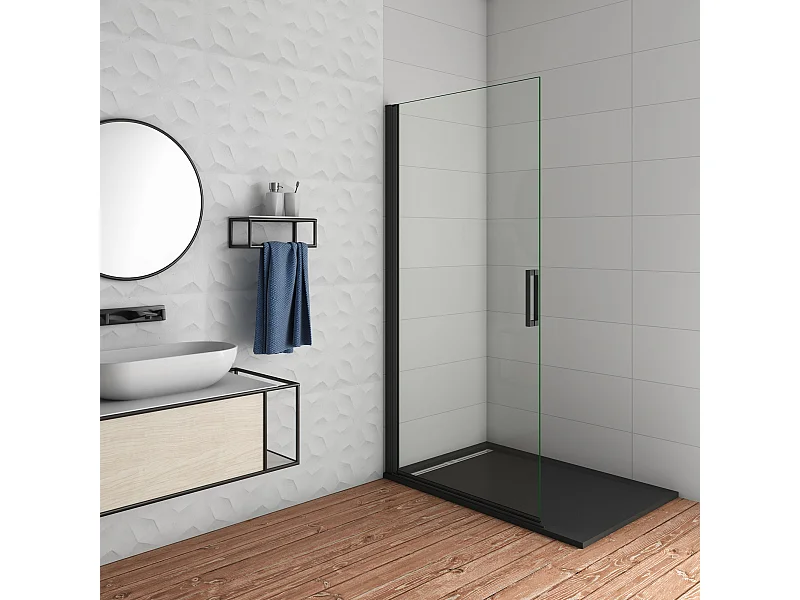 Douchewand-Inloopdouche draaideur 96x200cm 8mm veiligheidsglas NANO EasyClean mat zwart profiel