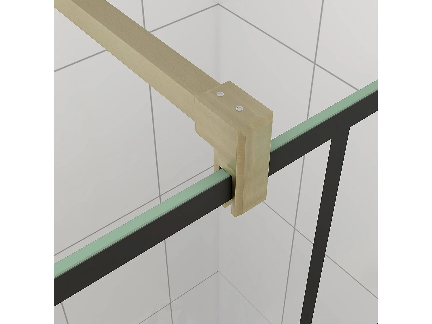 Douchewand-Inloopdouche 140x200cm met mat Zwart kader en raster 8mm NANO EasyClean veiligheidsglas gouden profiel F-Form 140cm Stabilisatiestang