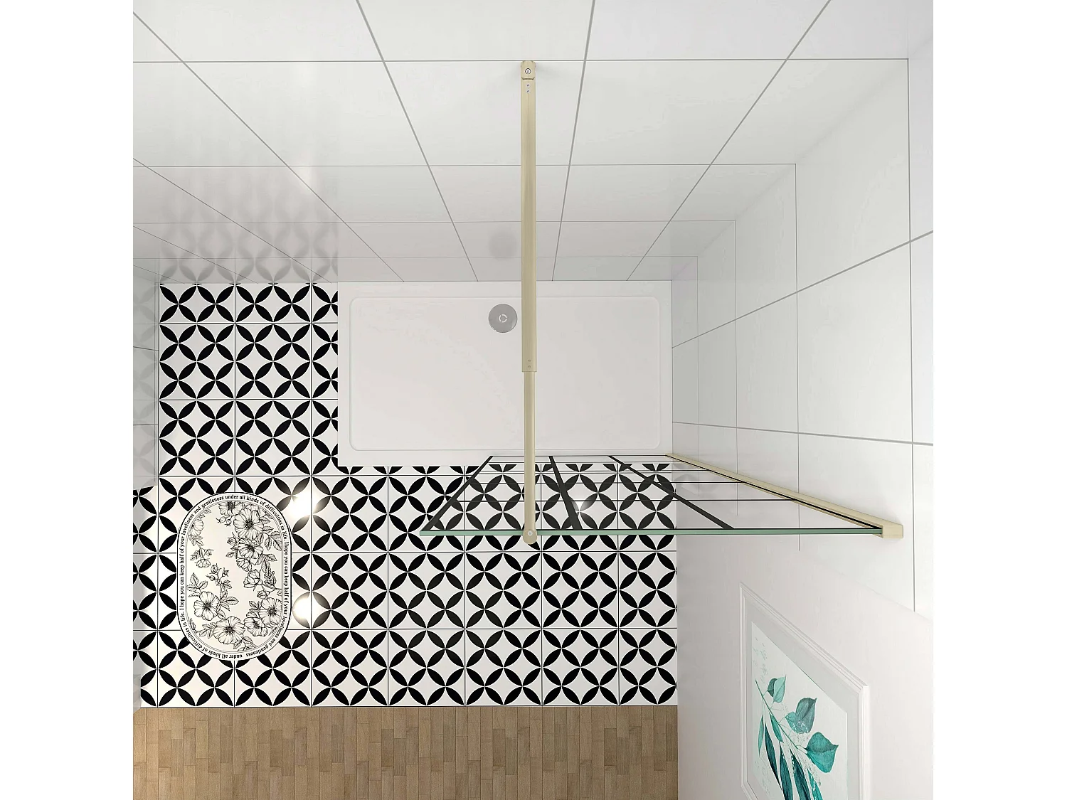 Douchewand-Inloopdouche 120x200cm met mat Zwart kader en raster 8mm NANO EasyClean veiligheidsglas gouden profiel Stabilisatiestang 70-120 cm