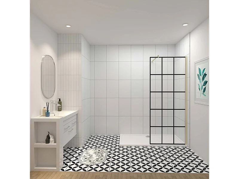 Douchewand-Inloopdouche 120x200cm met mat Zwart kader en raster 8mm NANO EasyClean veiligheidsglas gouden profiel Stabilisatiestang 70-120 cm