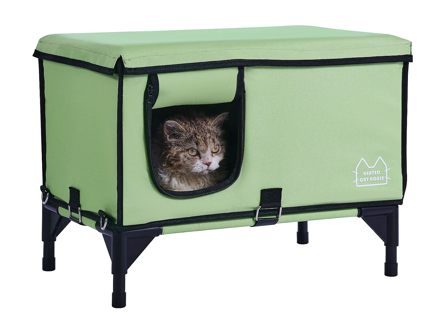 Caseta para Gatos, SucceBuy Cuboid Verde Elevada y Calefactada (L) con Almohadilla Térmica
