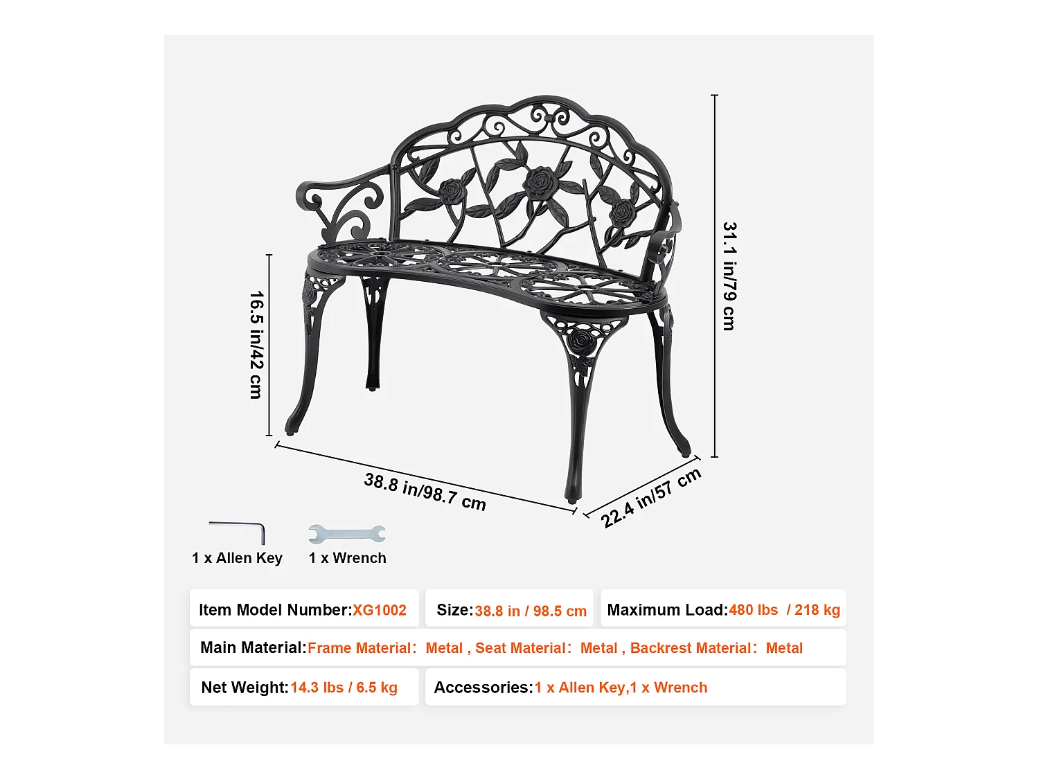 Banc de Jardin en Métal SucceBuy, 98,5cm - Sièges de Patio Extérieurs pour la cour et le Porche