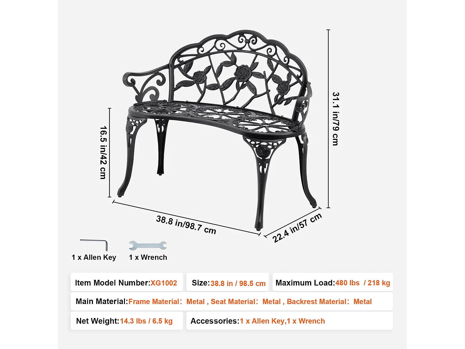 Banc de Jardin en Métal SucceBuy, 98,5cm - Sièges de Patio Extérieurs pour la cour et le Porche