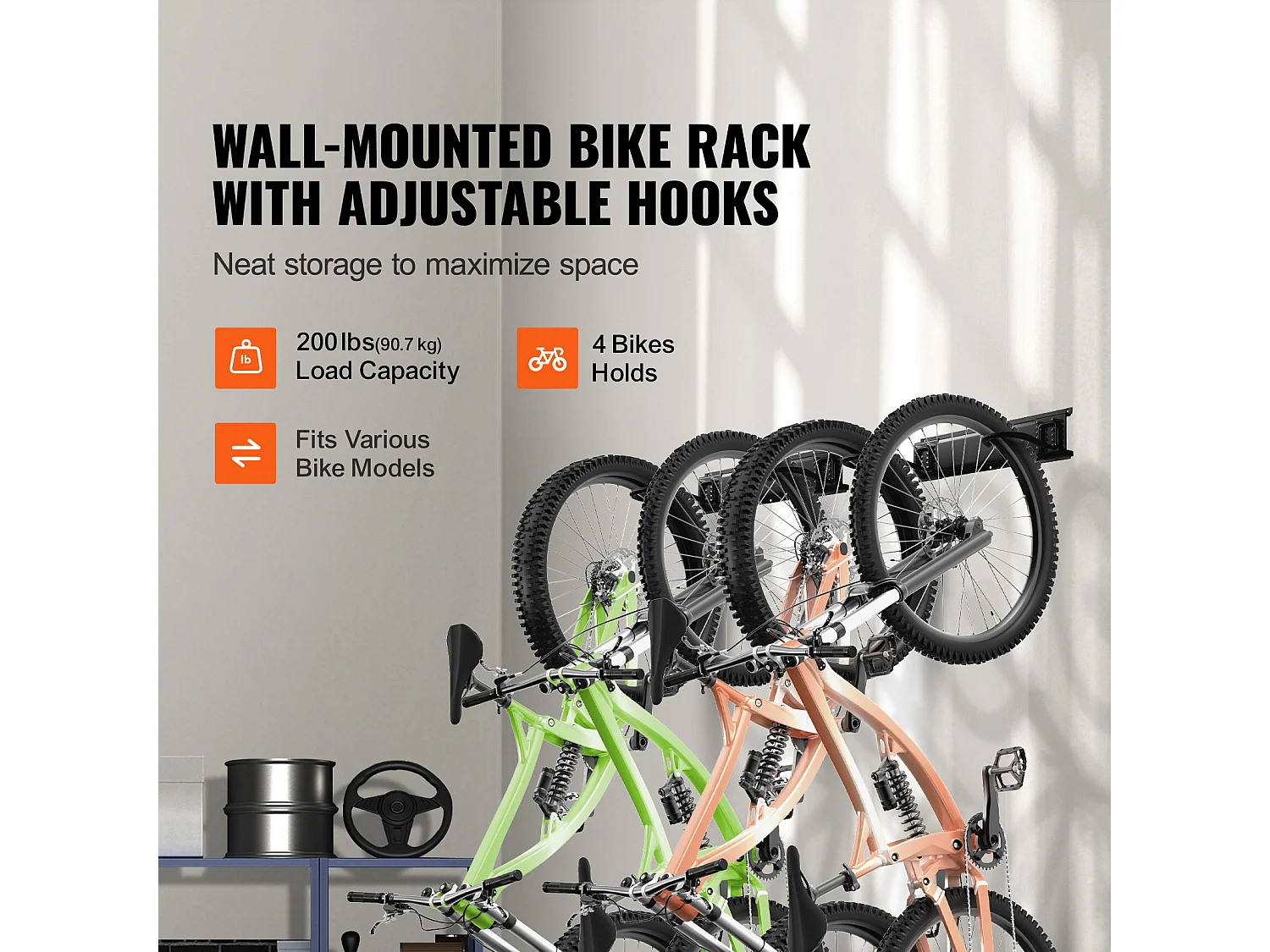 Support de Rangement pour Vélos SucceBuy, Montage Mural pour 4 Vélos + 2 Casques, 81.2Cm