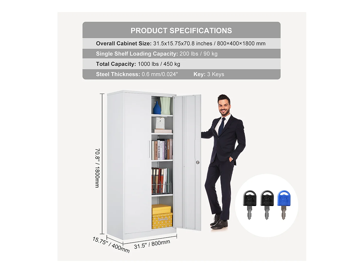Armoire de Rangement en Métal SucceBuy, 3 Clés Étagères Réglables Porte Magnétique Blanc