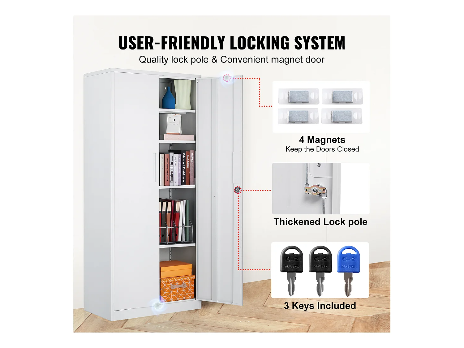 Armoire de Rangement en Métal SucceBuy, 3 Clés Étagères Réglables Porte Magnétique Blanc