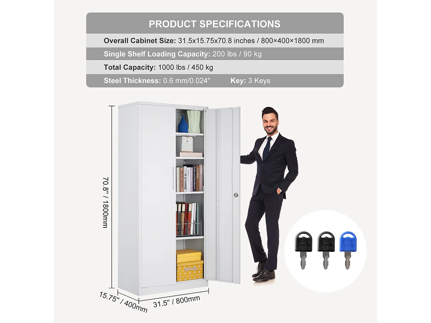 Armoire de Rangement en Métal SucceBuy, 3 Clés Étagères Réglables Porte Magnétique Blanc