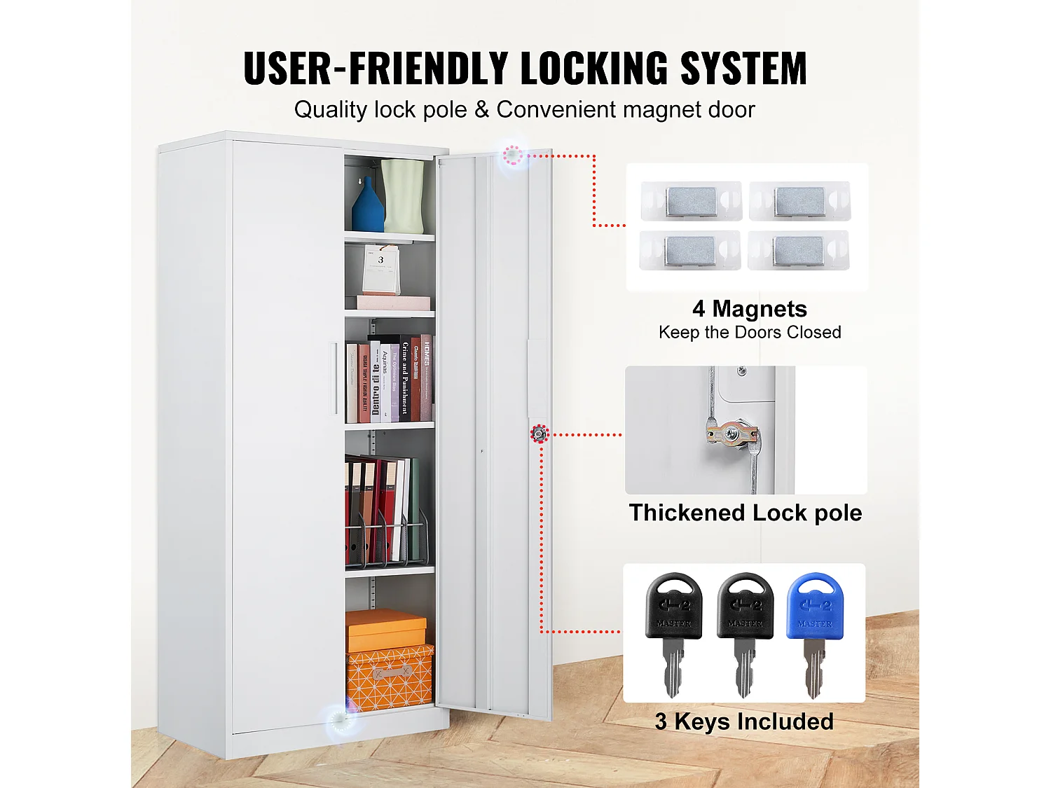 Armoire de Rangement en Métal SucceBuy, 3 Clés Étagères Réglables Porte Magnétique Blanc