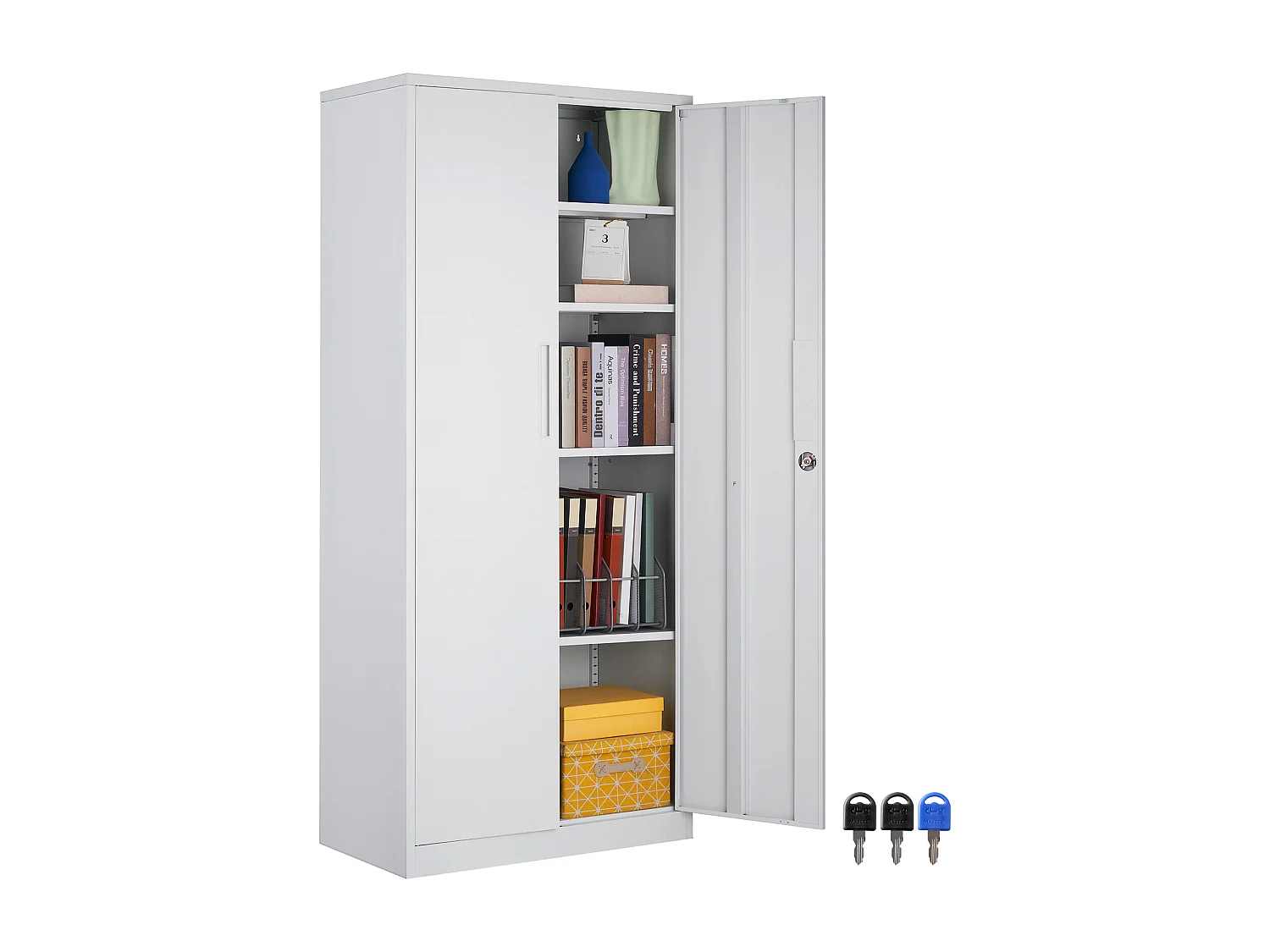 Armoire de Rangement en Métal SucceBuy, 3 Clés Étagères Réglables Porte Magnétique Blanc