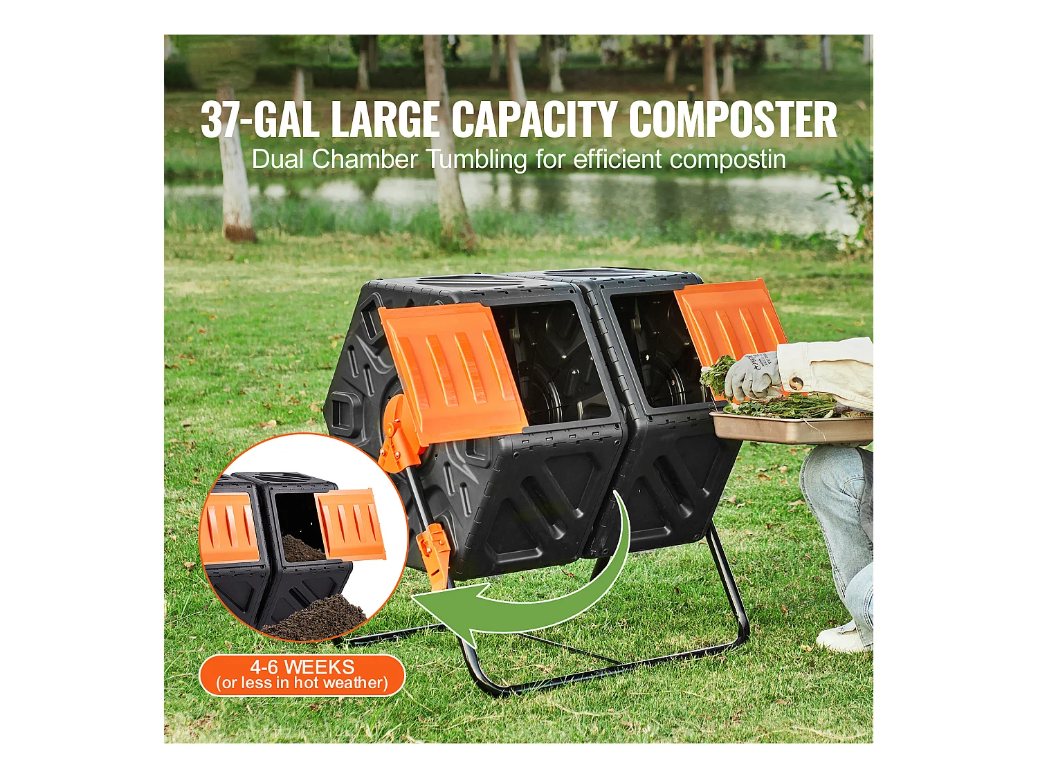 Composteur de jardin SucceBuy Composteur à Double Chambre de 37 Gal, Tambour Rotatif avec Portes Coulissantes