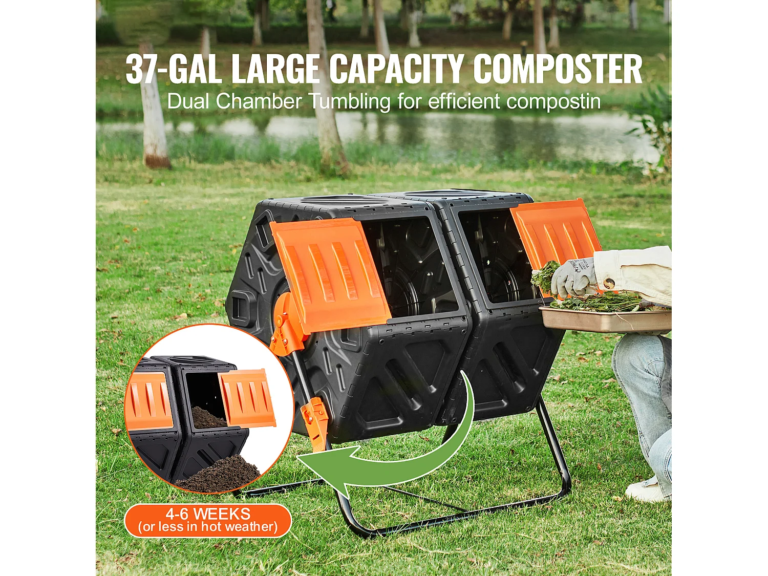 Composteur de jardin SucceBuy Composteur à Double Chambre de 37 Gal, Tambour Rotatif avec Portes Coulissantes