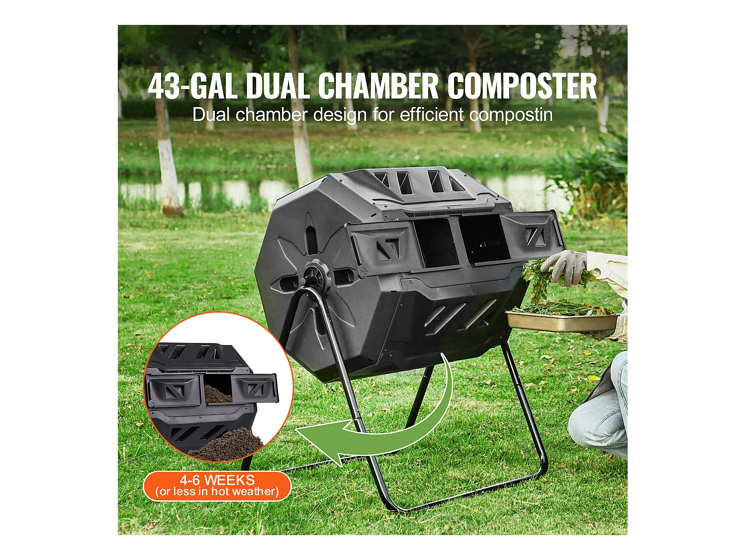 Composteur de jardin SucceBuy Composteur à Double Chambre de 43 Gal, Tambour Rotatif avec Portes Coulissantes
