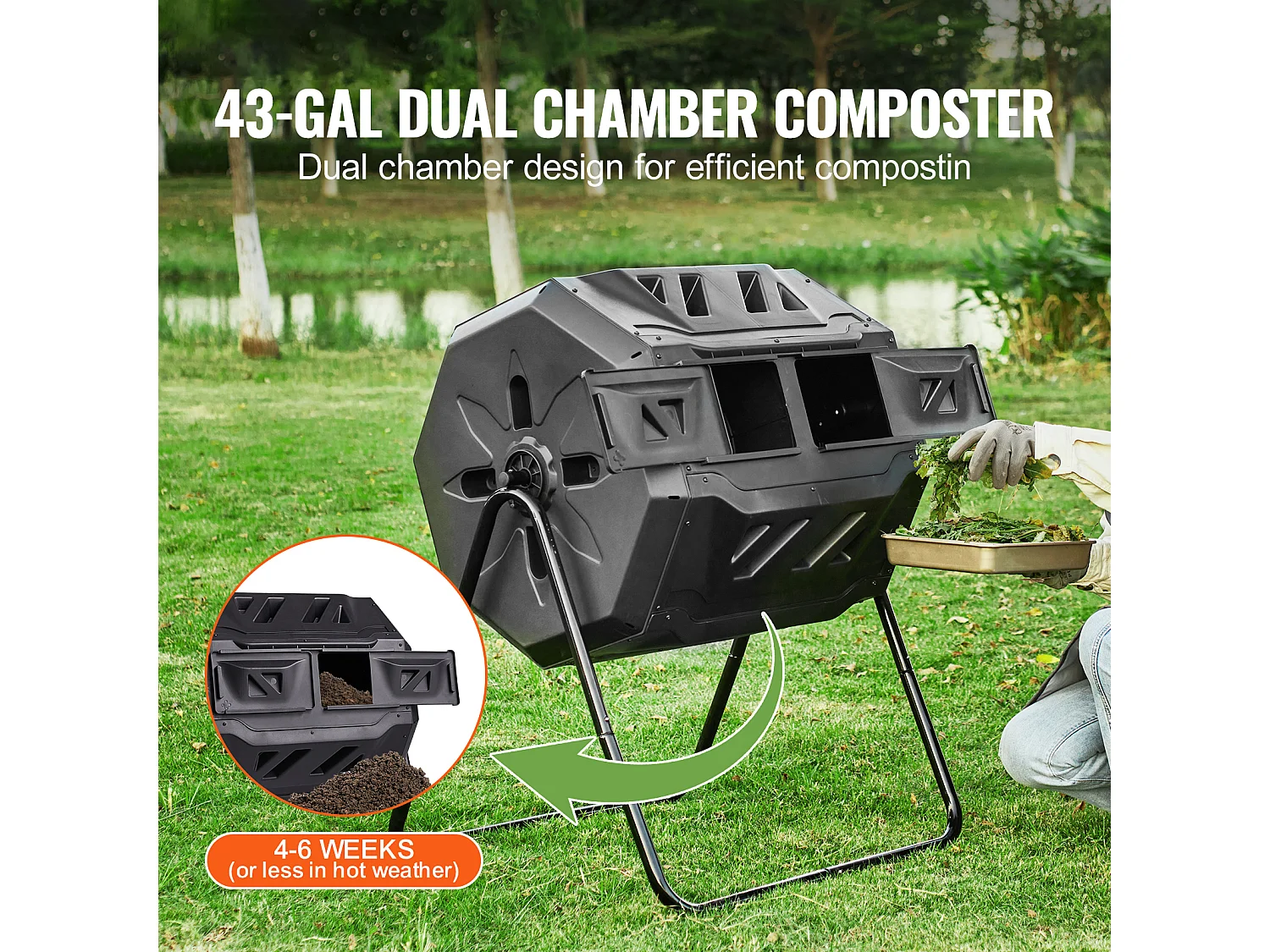 Composteur de jardin SucceBuy Composteur à Double Chambre de 43 Gal, Tambour Rotatif avec Portes Coulissantes