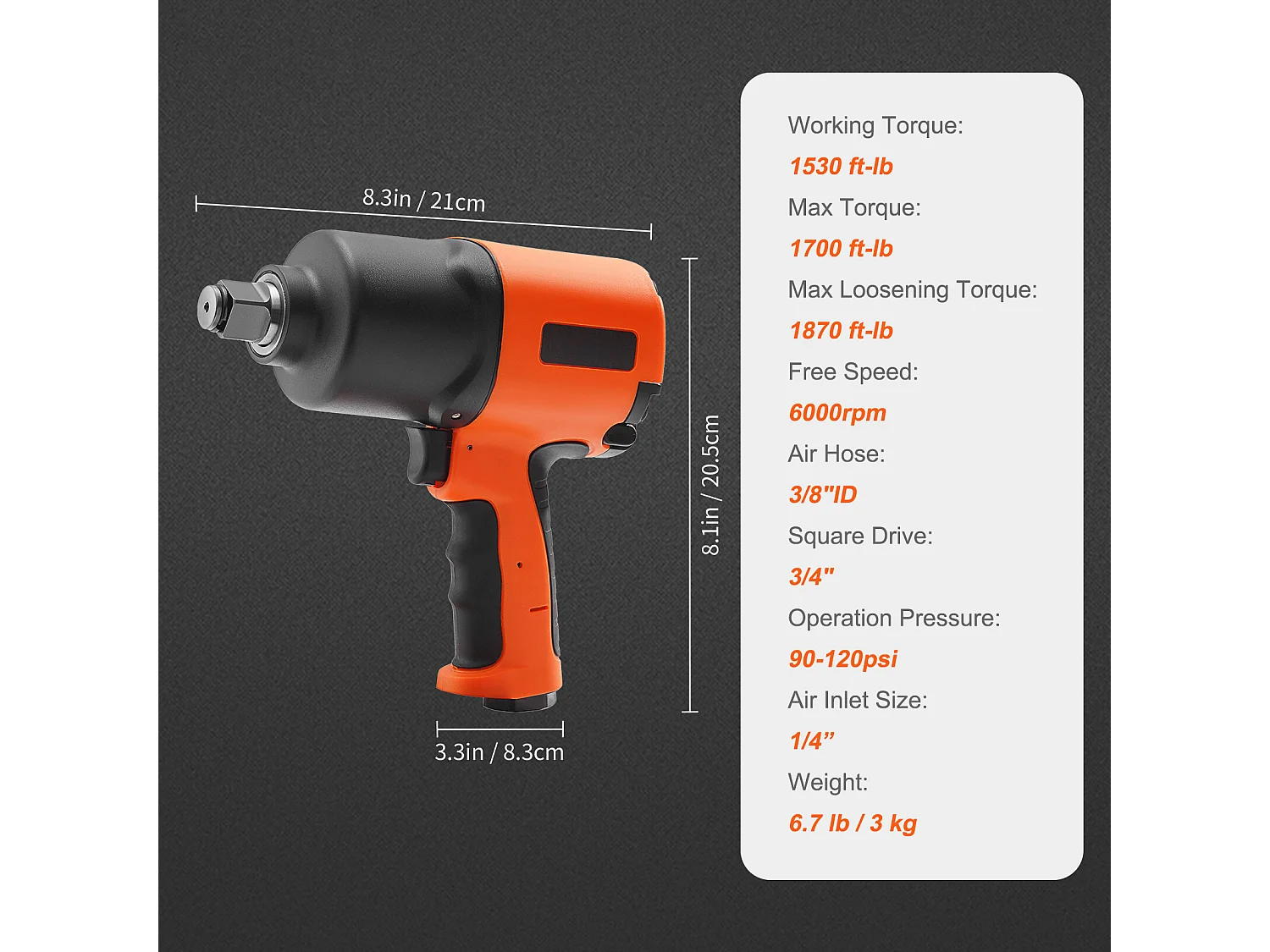 Chave de Impacto Pneumática SucceBuy, Encaixe Quadrado de 3/4", Binário de 1.870 Ft-Lbs, 90-120 Psi