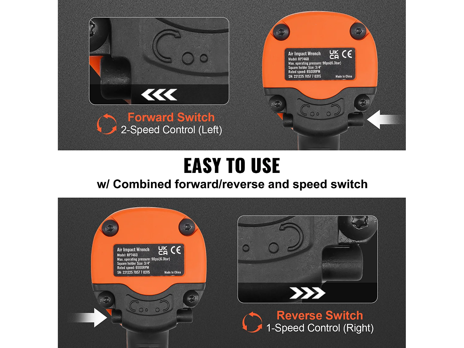 Chave de Impacto Pneumática SucceBuy, Encaixe Quadrado de 3/4", Binário de 1.870 Ft-Lbs, 90-120 Psi