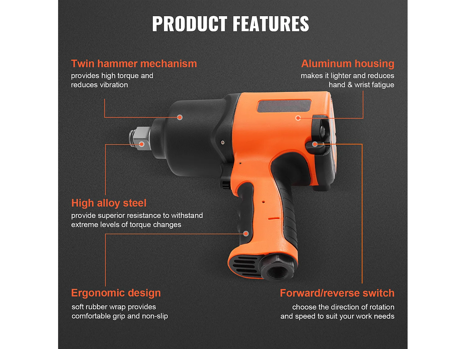 Chave de Impacto Pneumática SucceBuy, Encaixe Quadrado de 3/4", Binário de 1.870 Ft-Lbs, 90-120 Psi