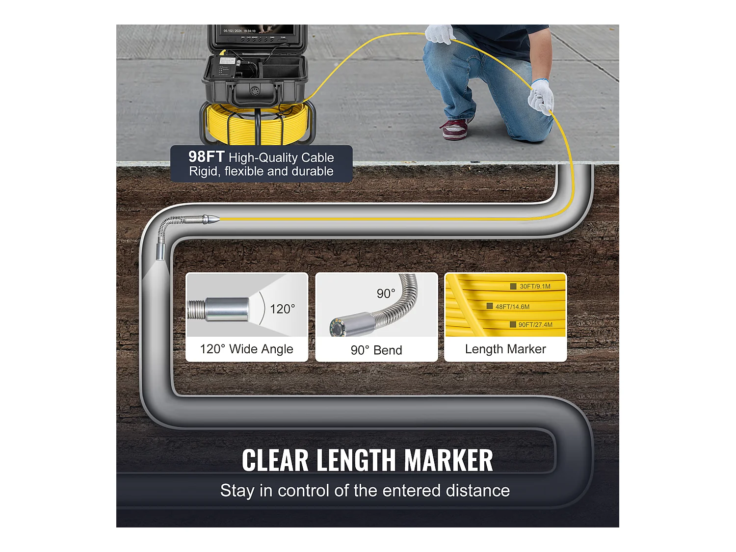 Caméra d'Inspection de Canalisation SucceBuy, 30 m de Longueur, avec Écran de 22,86 cm et Zoom 36X