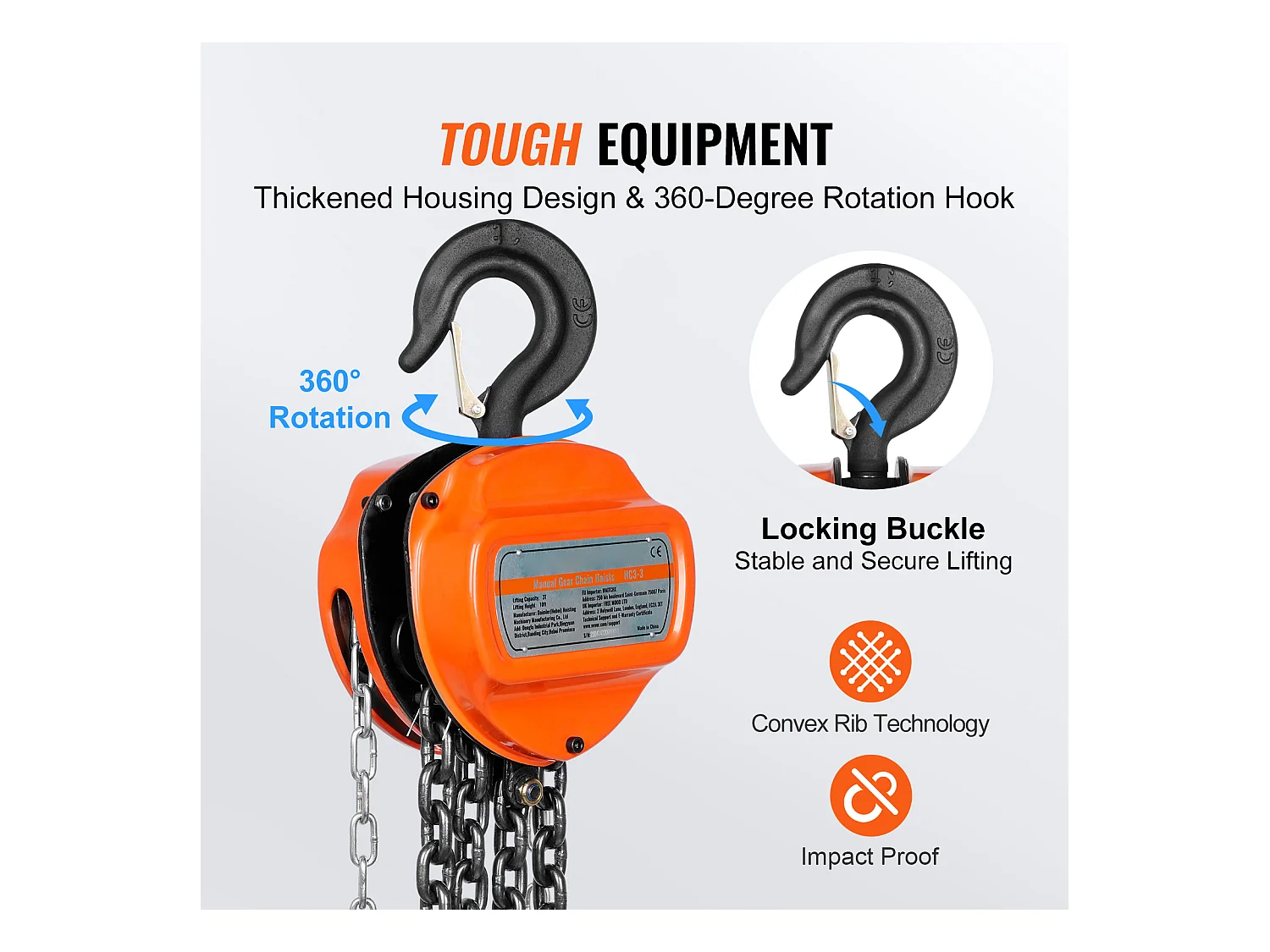 Seilwinde, SucceBuy 3-Tonnen-Kettenzug, 6.600 lb Tragkraft, 304.8 CM G80 Blocklift
