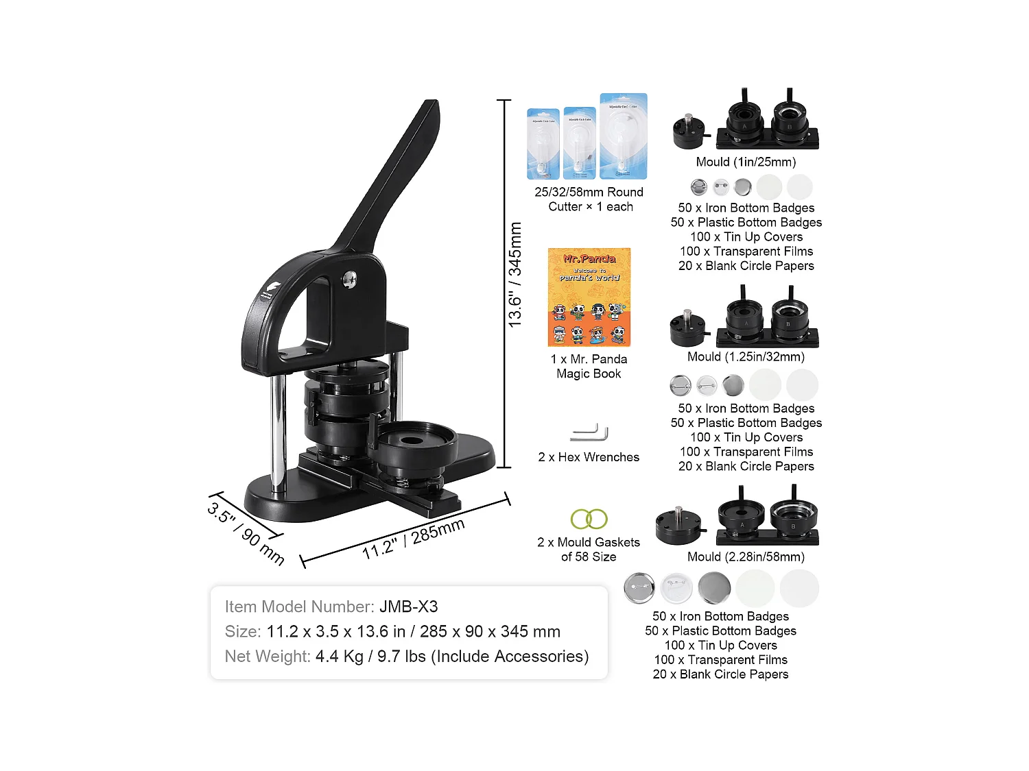 Machine à Fabriquer des Boutons SucceBuy, Machine à Fabriquer des Badges à Épingles 3 En 1 de 2.5Cm/3.1Cm/5.8Cm, 300 pièces