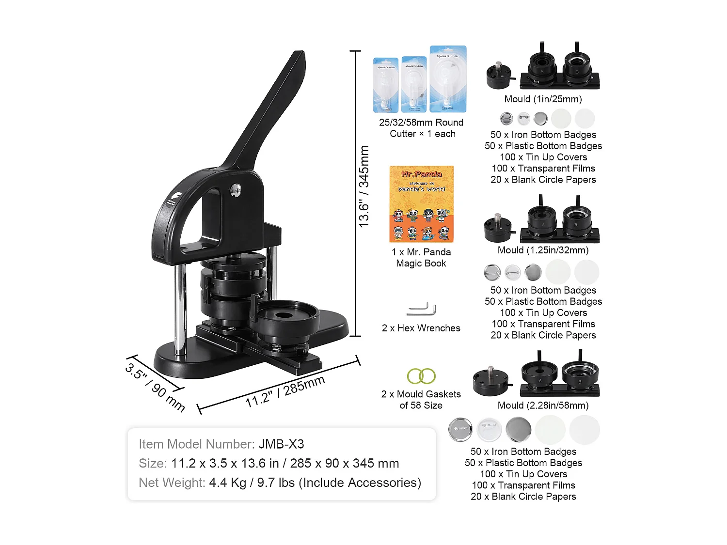 Button Maker Machine SucceBuy, 3-In-1 2,5 Cm/3,1 Cm/5,8 Cm Pin Badge Maker, 300 Stuks