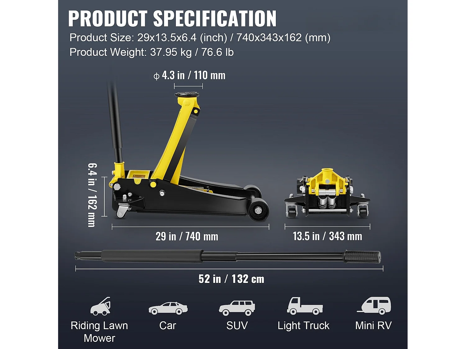 Cric Hydraulique SucceBuy Cric de Sol à Profil Bas de 4 Tonnes, Acier Robuste, Pompe à Double Piston