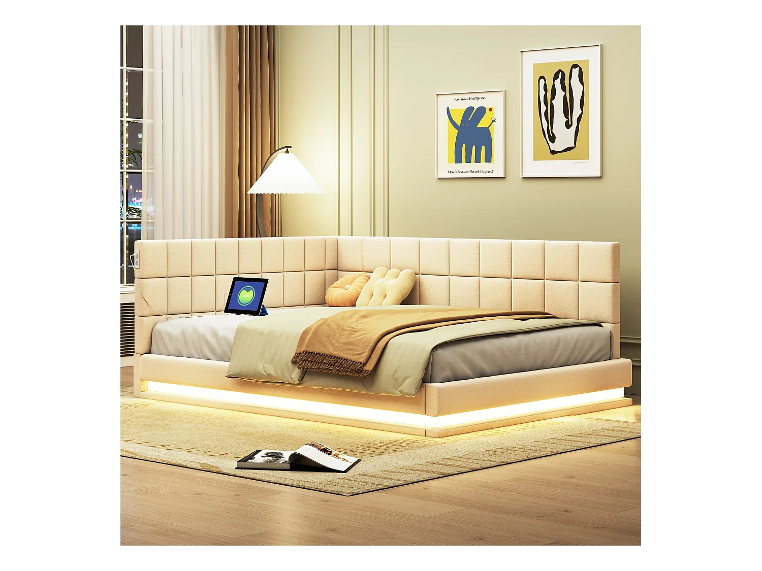 Cama de adulto 140x200 cm estilo sofá com 2 grandes braços laterais, luzes LED e porta USB, revestida em veludo bege, sem colchão