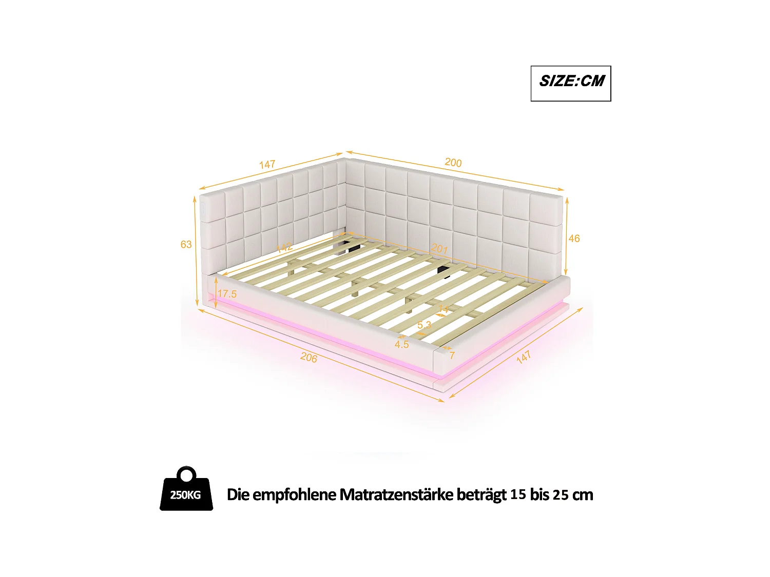 Cama de adulto 140x200 cm estilo sofá com 2 grandes braços laterais, luzes LED e porta USB, revestida em veludo bege, sem colchão