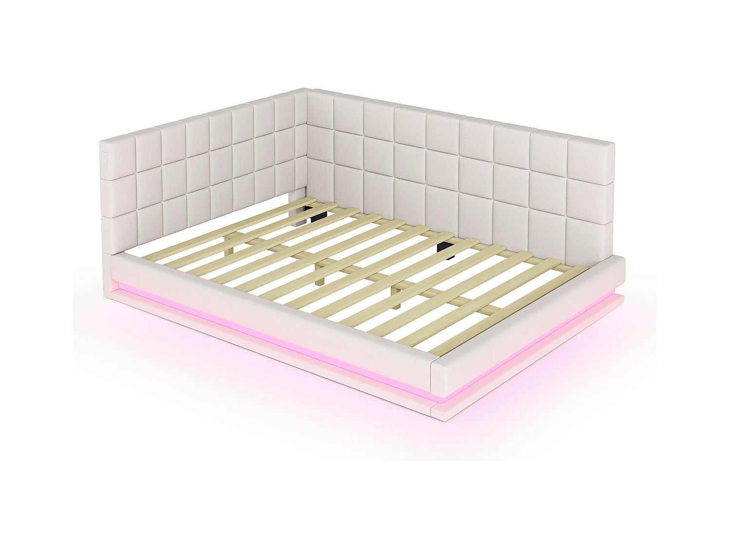 Cama de adulto 140x200 cm estilo sofá com 2 grandes braços laterais, luzes LED e porta USB, revestida em veludo bege, sem colchão