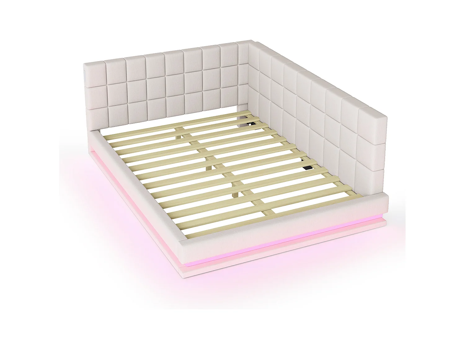 Cama de adulto 140x200 cm estilo sofá com 2 grandes braços laterais, luzes LED e porta USB, revestida em veludo bege, sem colchão