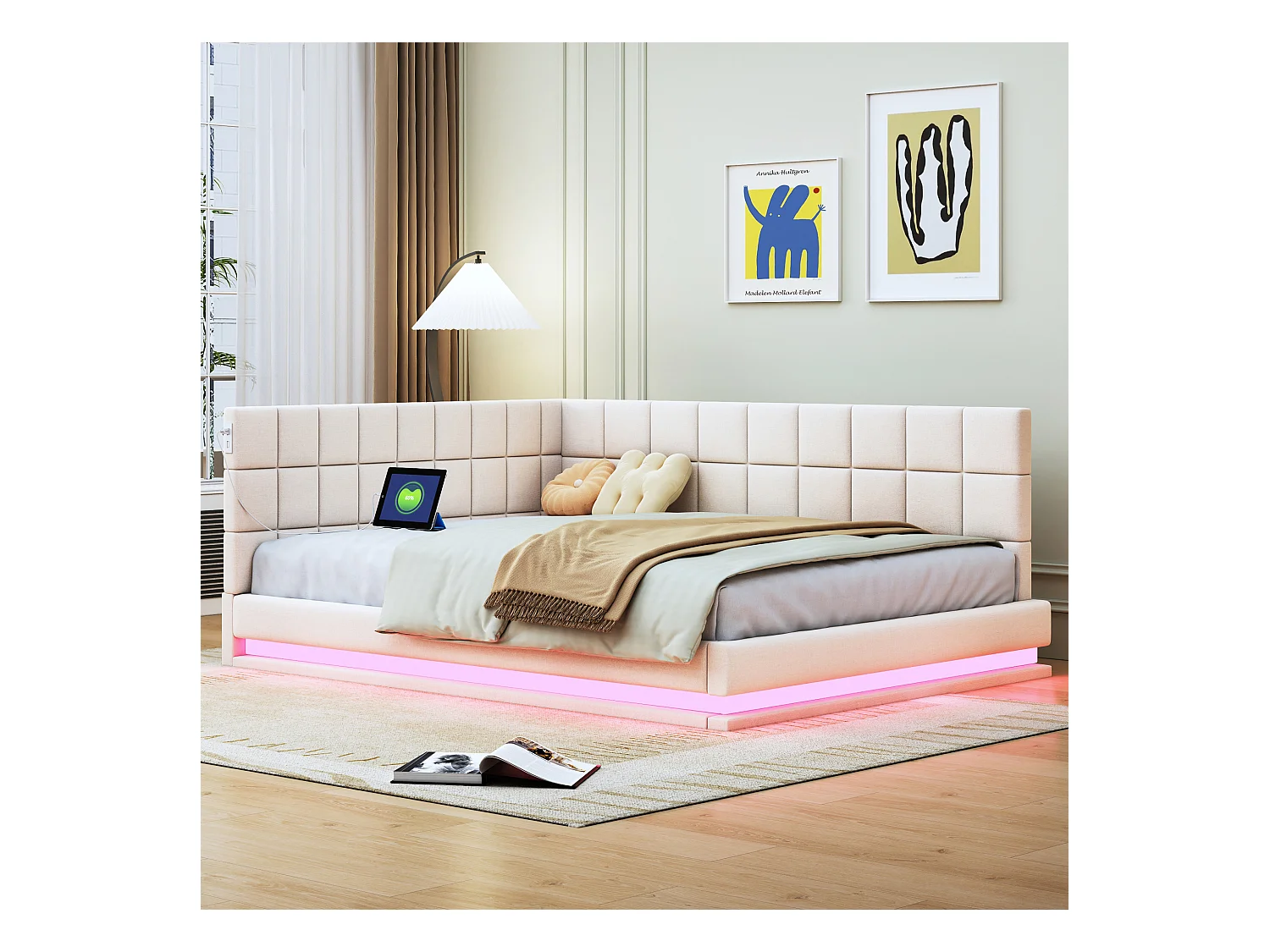 Lit adulte 140x200cm, lit banquette avec 2 grands accoudoirs, LED et USB, velours beige, sans matelas