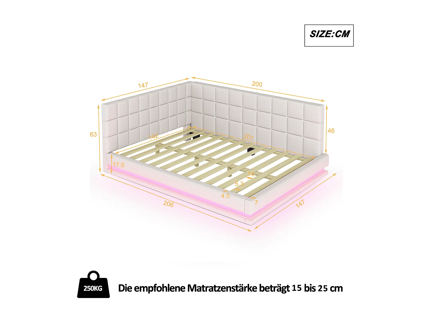 Lit adulte 140x200cm, lit banquette avec 2 grands accoudoirs, LED et USB, velours beige, sans matelas