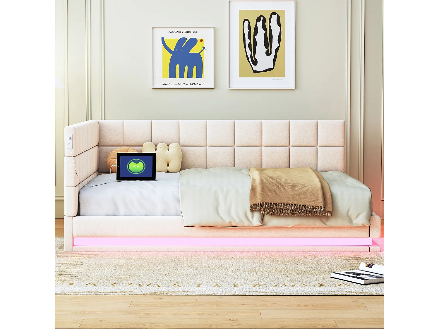Lit adulte 140x200cm, lit banquette avec 2 grands accoudoirs, LED et USB, velours beige, sans matelas