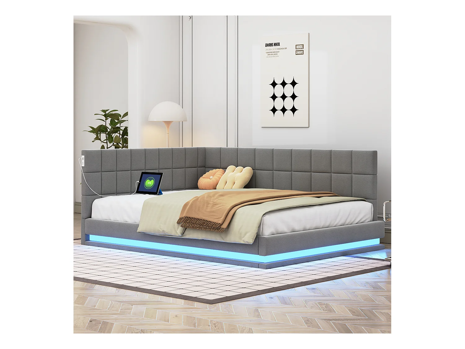 Lit adulte 140x200cm, lit banquette avec 2 grands accoudoirs, LED et USB, velours gris, sans matelas