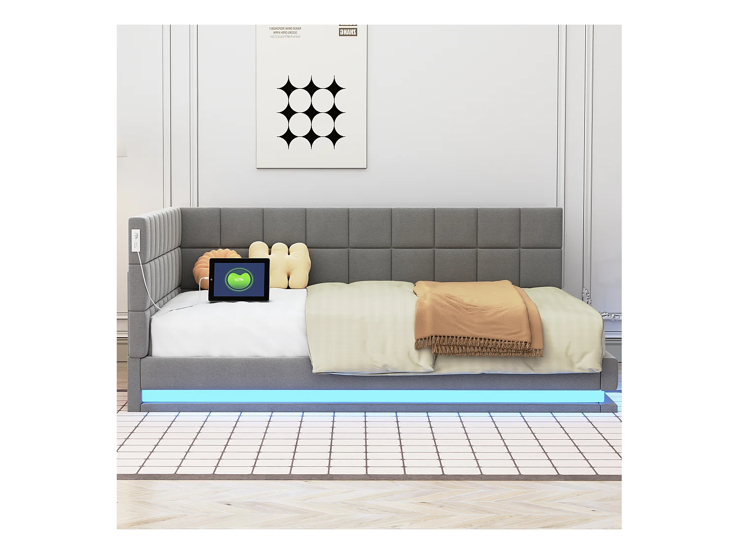 Lit adulte 140x200cm, lit banquette avec 2 grands accoudoirs, LED et USB, velours gris, sans matelas