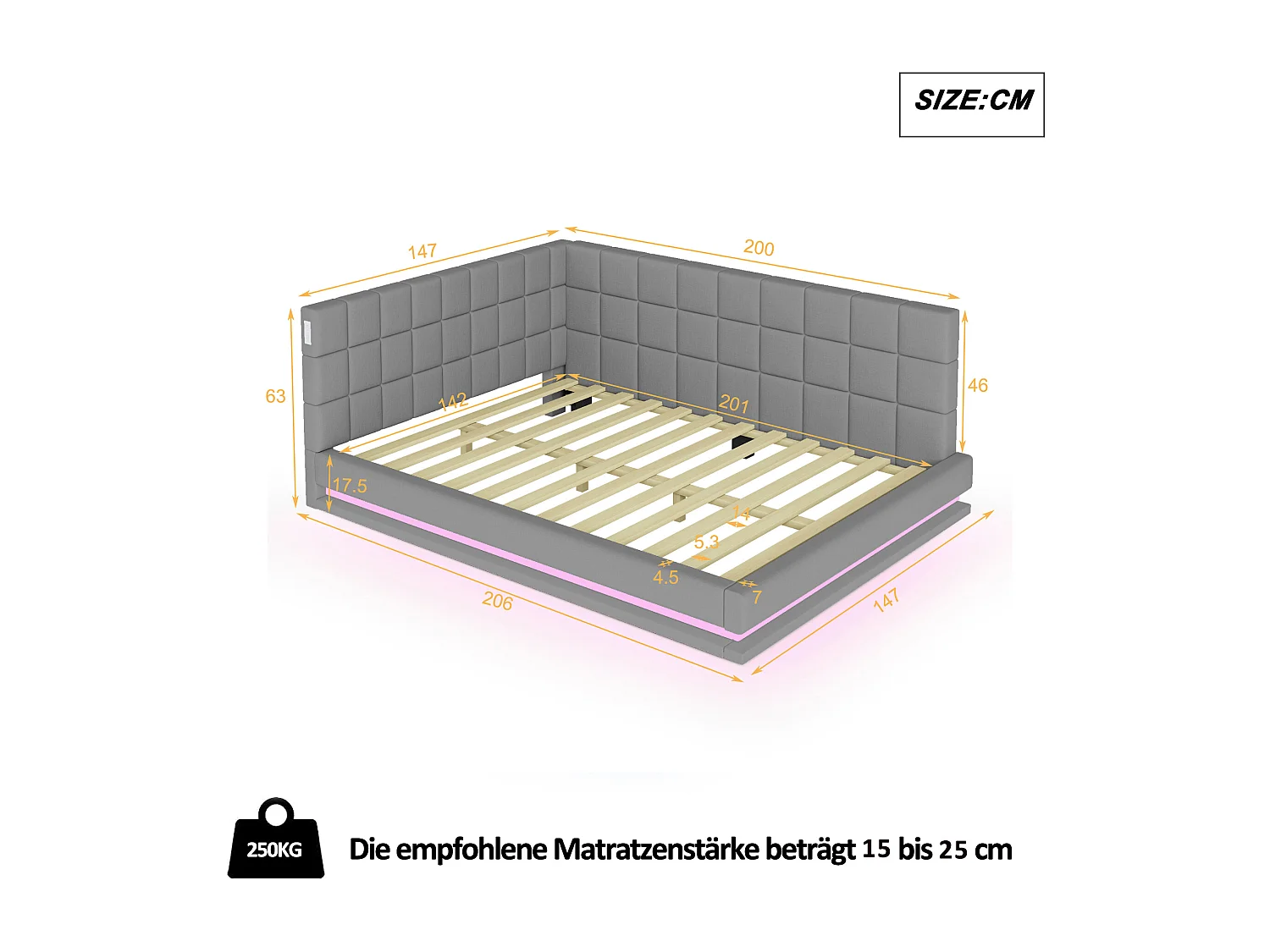 Lit adulte 140x200cm, lit banquette avec 2 grands accoudoirs, LED et USB, velours gris, sans matelas