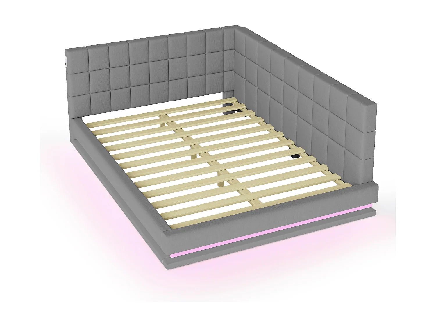 Lit adulte 140x200cm, lit banquette avec 2 grands accoudoirs, LED et USB, velours gris, sans matelas