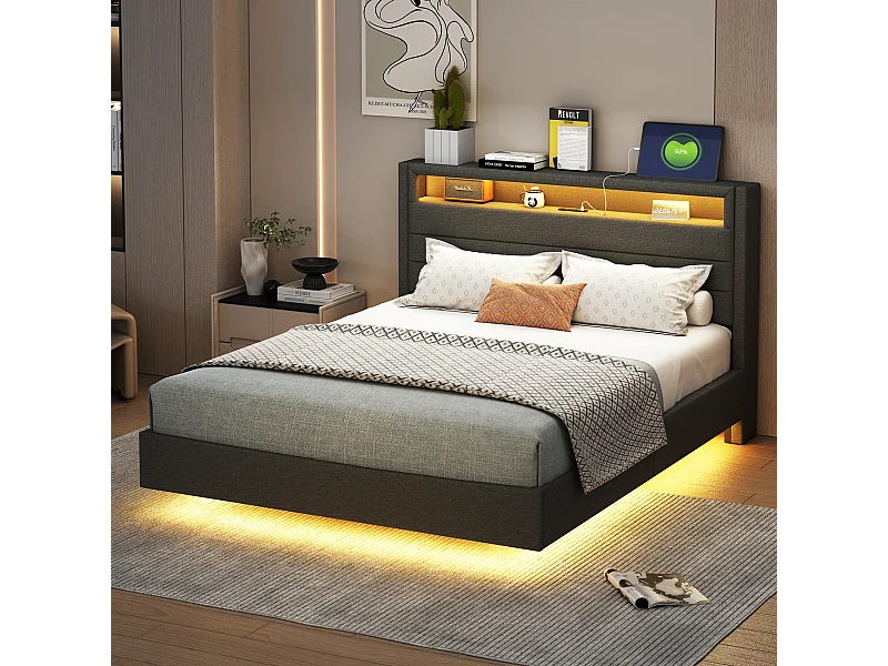 Lit adulte 140x200cm avec tête de lit de rangement et LED, designe flottant, en lin gris, sans matelas