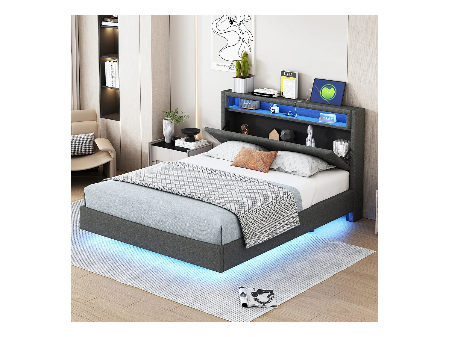 Lit adulte 140x200cm avec tête de lit de rangement et LED, designe flottant, en lin gris, sans matelas