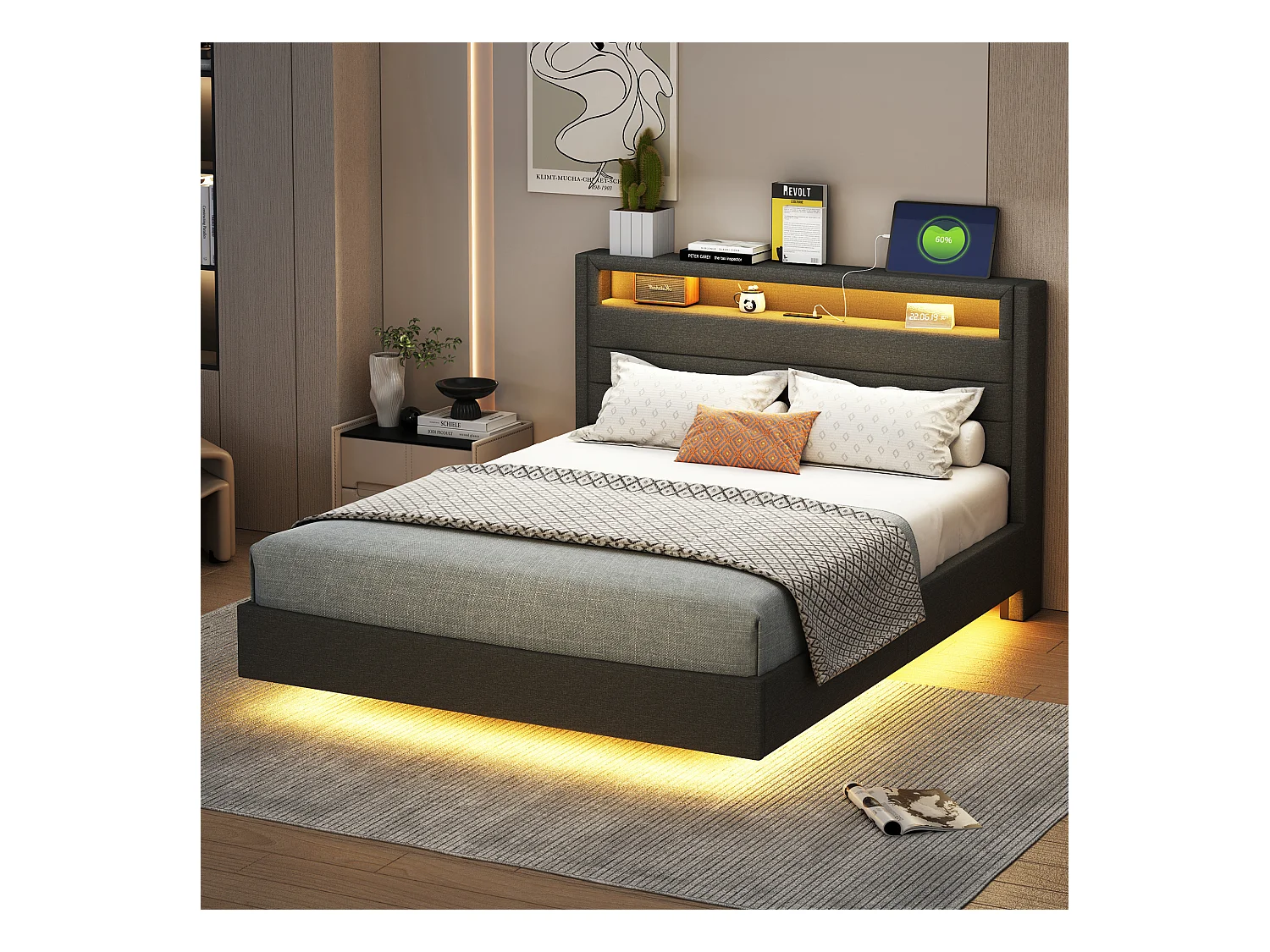 Lit adulte 140x200cm avec tête de lit de rangement et LED, designe flottant, en lin gris, sans matelas