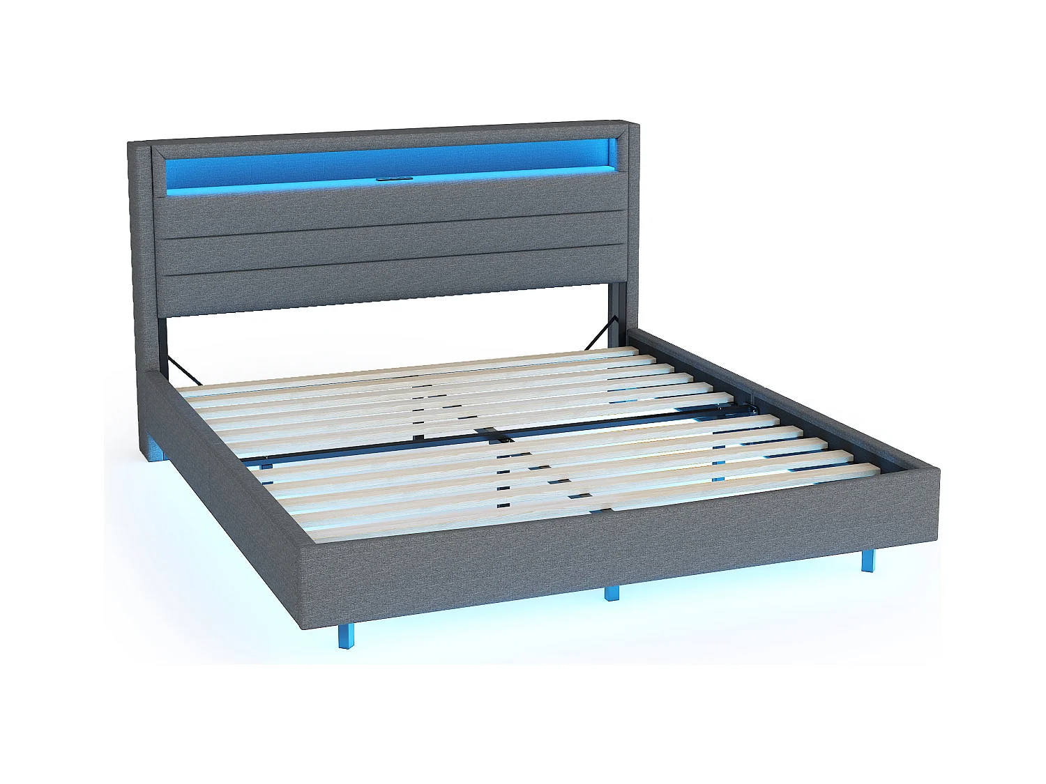 Lit adulte 140x200cm avec tête de lit de rangement et LED, designe flottant, en lin gris, sans matelas