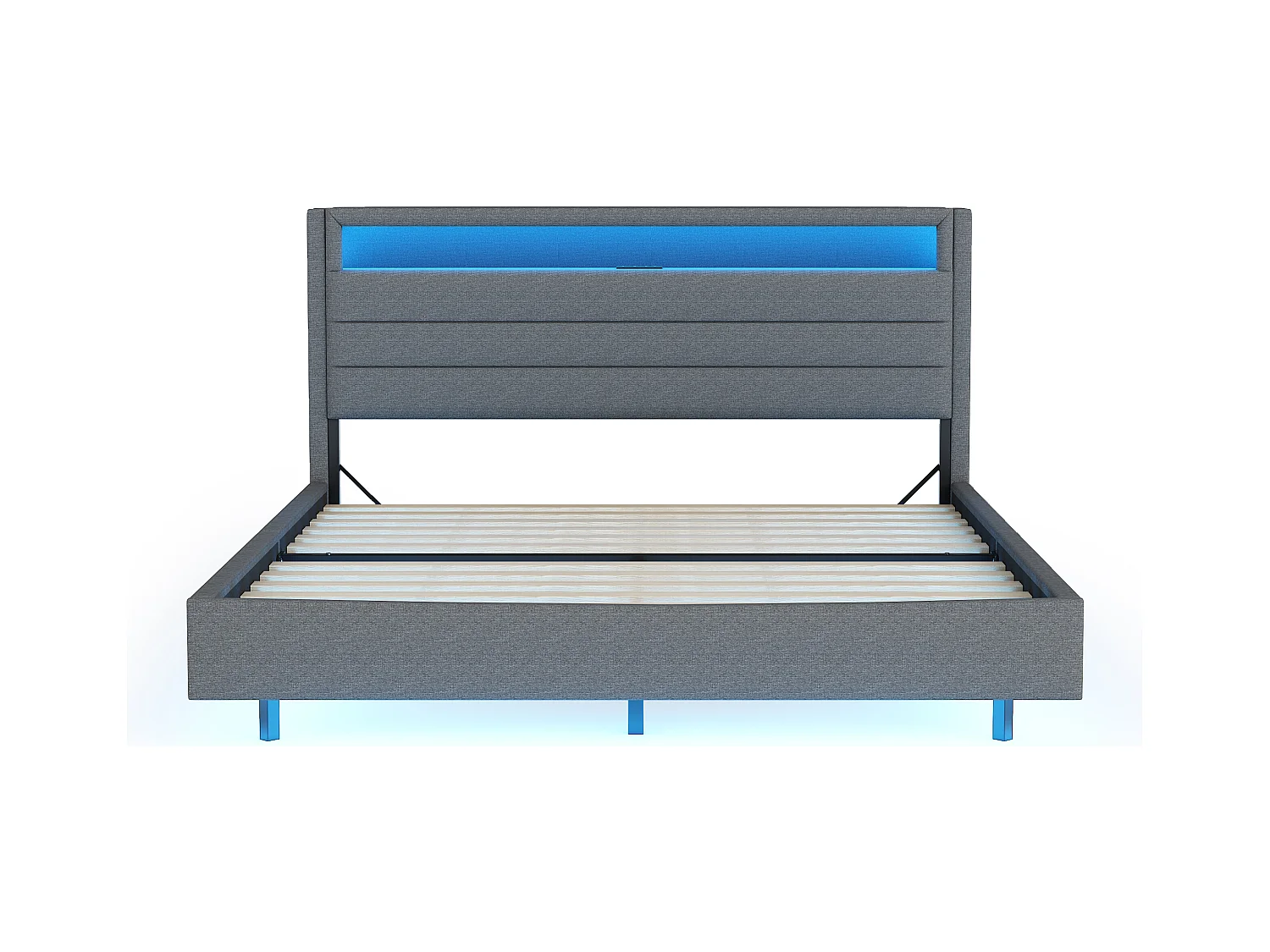 Lit adulte 140x200cm avec tête de lit de rangement et LED, designe flottant, en lin gris, sans matelas