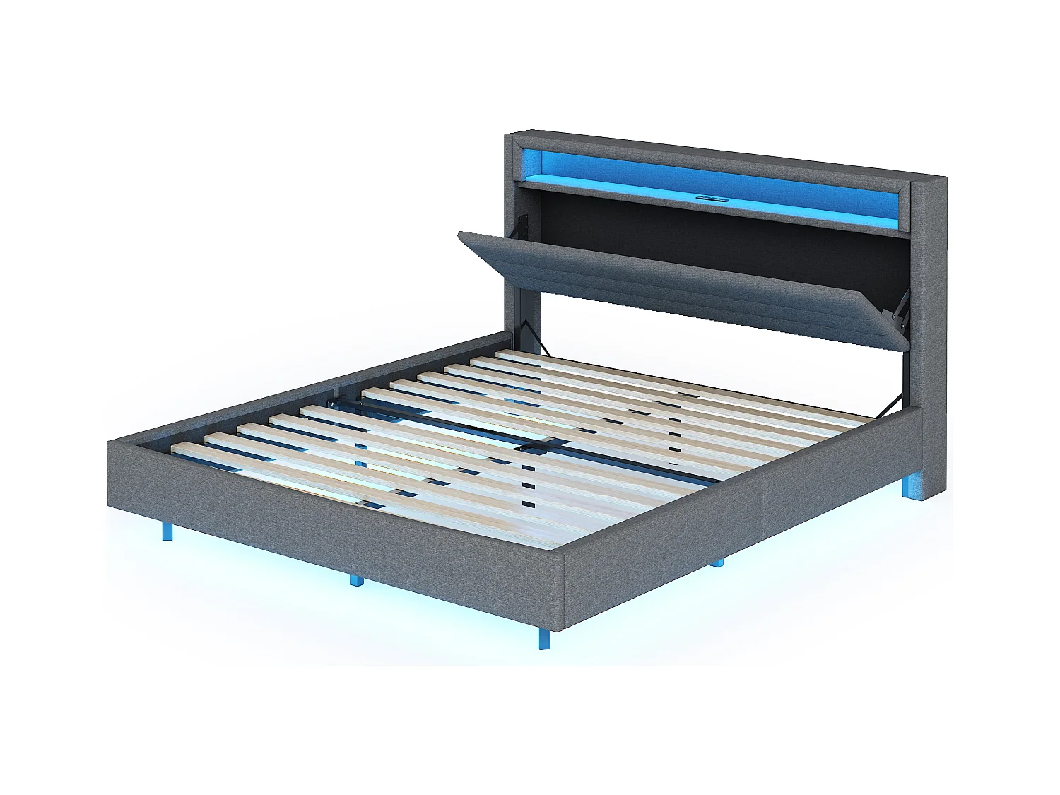 Lit adulte 140x200cm avec tête de lit de rangement et LED, designe flottant, en lin gris, sans matelas