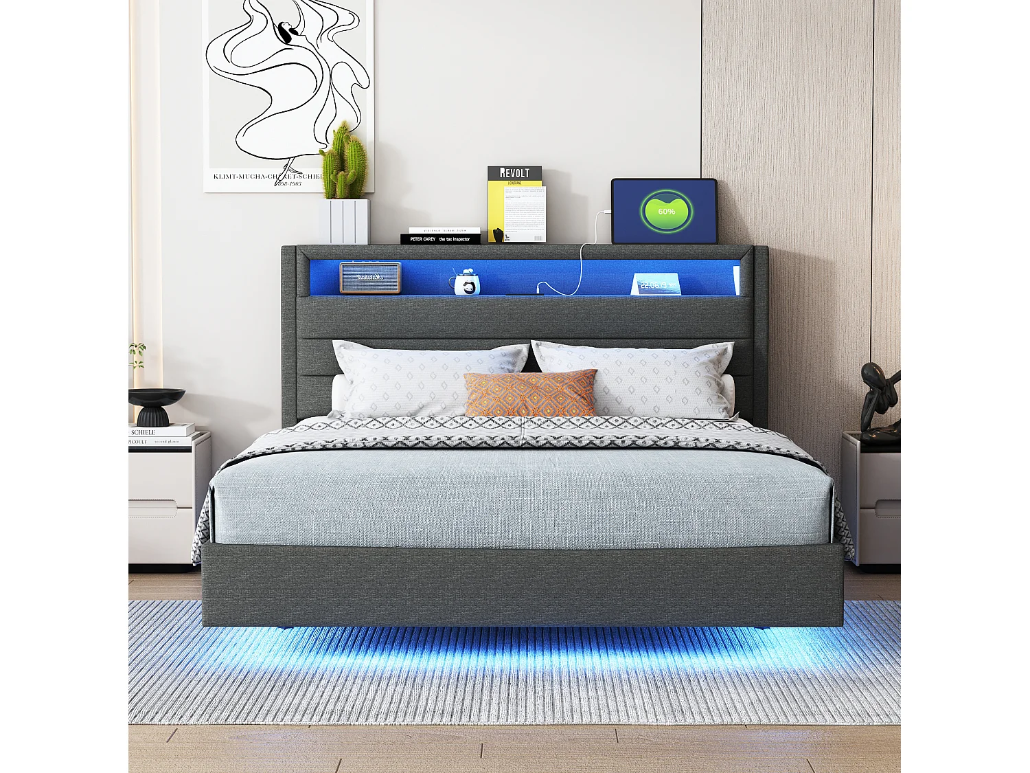 Lit adulte 140x200cm avec tête de lit de rangement et LED, designe flottant, en lin gris, sans matelas